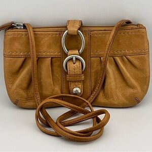 Sigrid Olsen Small Leather Boho Tan Crossbody Purse Silver Hardware Strap 44"